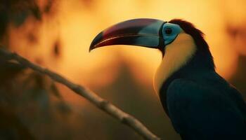 vivace tucano perching su ramo nel tropicale foresta pluviale a tramonto generato di ai foto