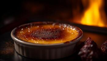 bruciato caramello creme brulee con mirtillo e lampone sciroppo indulgenza generato di ai foto