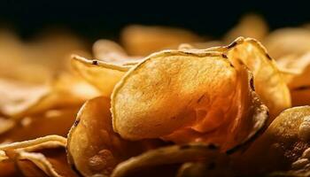 un' grande mucchio di malsano, fritte Patata patatine fritte nel primo piano generato di ai foto