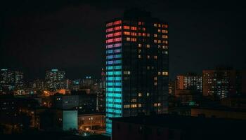 silhouette di futuristico grattacieli splendore nel Multi colorato città orizzonte generato di ai foto