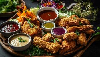 grigliato pollo filetto con fresco insalata su rustico di legno piatto generato di ai foto