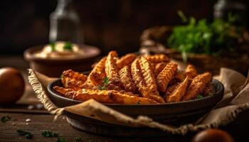 un' rustico Manzo aperitivo al forno con sesamo e prezzemolo contorno generato di ai foto