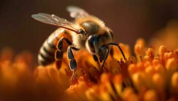 occupato miele ape raccolta polline a partire dal giallo fiore nel primavera generato di ai foto