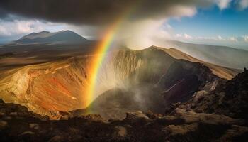 eruzione vulcano sputa Fumo e cenere al di sopra di panoramico montagna gamma generato di ai foto