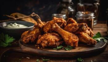 rustico buongustaio piatto fritte pollo Ali con speziato bufalo salsa generato di ai foto