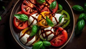 salutare vegetariano insalata con Mozzarella, erba, e biologico ingredienti generato di ai foto