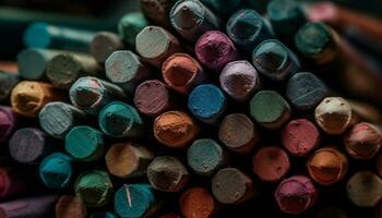 un' colorato collezione di mestiere utensili su un' brillante tavolo generato di ai foto