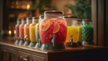 un' rinfrescante cocktail collezione di biologico frutta nel un' bicchiere generato di ai foto