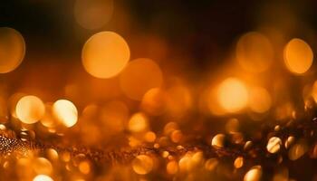 d'oro fiamme illuminare astratto celebrazione sfondo, sfocato Natale luci luccichio generato di ai foto