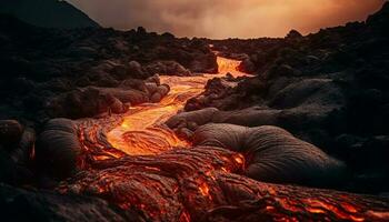 eruzione vulcano sputa lava, Fumo, e cenere in il cielo generato di ai foto