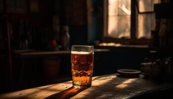 schiumoso birra bicchiere su rustico bar contatore generato di ai foto