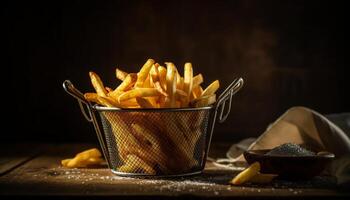 in profondità fritte francese patatine fritte nel rustico di legno cestino, croccante aperitivo generato di ai foto