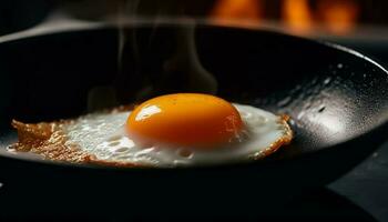 fritte uovo su getto ferro piatto, alto calore, salutare proteina generato di ai foto