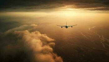 un' commerciale aereo prende via medio aria, Soaring sopra natura bellezza generato di ai foto