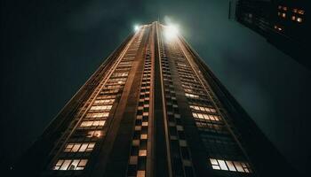 moderno grattacielo si illumina città orizzonte a notte, un' futuristico design generato di ai foto