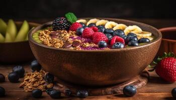 un' buongustaio ciotola di biologico muesli con fresco frutti di bosco generato di ai foto