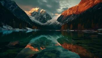 il maestoso montagna gamma riflette nel tranquillo acque a crepuscolo generato di ai foto