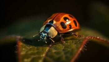 macchiato coccinella striscia su verde foglia, bellezza nel natura generato di ai foto