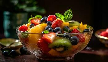 un' buongustaio frutta insalata con mirtilli, lamponi, e fragole generato di ai foto