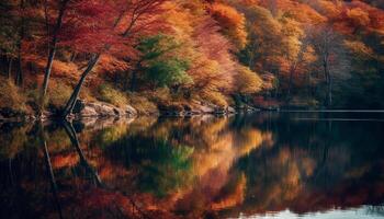 tranquillo autunno foresta riflette vivace colori nel tranquillo stagno generato di ai foto