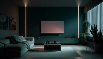 moderno vivente camera con confortevole divano, illuminato di elettrico lampada generato di ai foto