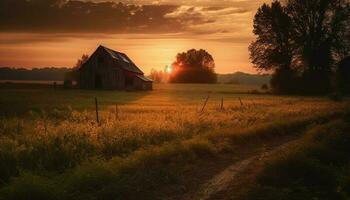 tranquillo tramonto al di sopra di rustico agriturismo nel verde prato circondato di foresta generato di ai foto