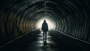 un' spaventoso silhouette a piedi solo nel il metropolitana tunnel generato di ai foto