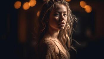 bellissimo donna con lungo Marrone capelli sorridente generato di ai foto