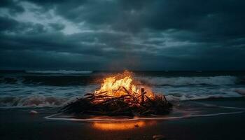 ardente fuoco di bivacco su sabbioso spiaggia a crepuscolo generato di ai foto