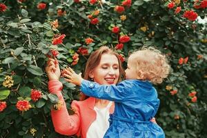 caucasico madre e bambino raccolta fiori foto