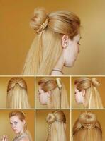 acconciatura tutorial. intrecciato ciambella con chignon foto