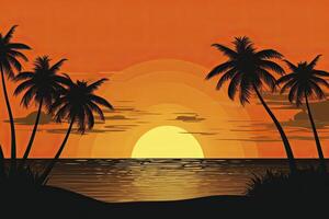 il sera su il spiaggia estate arancia cielo e Noce di cocco albero ombra. vettore.ai generativo foto