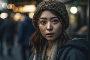 giovane giapponese donna su il strada di tokyo, creato con generativo ai foto