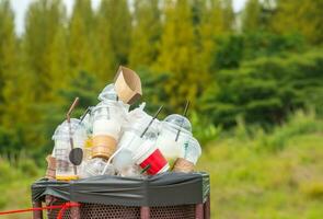 pieno di plastica tazza nel riciclare bidone nel il natura. foto