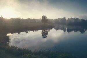mattina estate paesaggio con nebbia al di sopra di il lago. morbido messa a fuoco foto