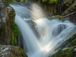 cascate di un' cascata nel un' verde montagna foresta vicino su. natura sfondo di turbolento caduta acqua ruscello su bagnato rocce. acqua getti siamo illuminato di il sole. foto