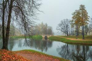 nebbioso autunno paesaggio con primo neve nel stato Museo Riserva gatchina. nebbioso autunno Visualizza di il parco, karpin stagno e vecchio pietra ponte. foto