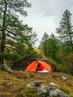 vuoto turista ciotola con un' cucchiaio è di cui su su un' pietra contro il sfondo di un' arancia tenda e foresta con alto montagne. pranzo volta, alta altitudine trekking. foto