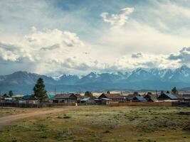 russo siberiano villaggio con sporco strada e tradizionale antico di legno case. di legno case nel un vecchio siberiano kurai villaggio. altai. foto