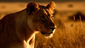 uno maestoso leonessa nel il africano natura selvaggia generato di ai foto
