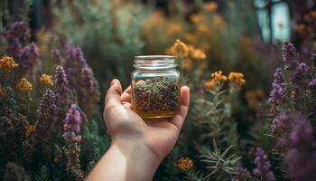 mano Tenere fresco verde erba nel bicchiere vaso generato di ai foto