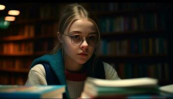 giovane donna studiando letteratura nel biblioteca scaffale generato di ai foto