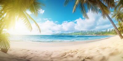 bellissimo tropicale spiaggia con Noce di cocco palma albero e sabbia su blu cielo sfondo con ai generato. foto