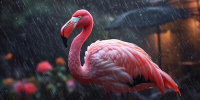 rosa fenicottero nel il pioggia con bokeh sfondo con ai generato. foto