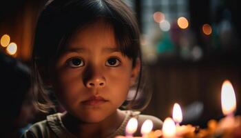 sorridente bambino Tenere raggiante candela nel celebrazione generato di ai foto