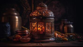 ornato lanterna si illumina rustico tavolo per Ramadan celebrazione generato di ai foto