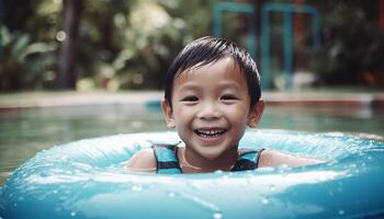 sorridente bambino piccolo gode divertimento nel il piscina generato di ai foto