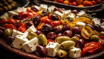 fresco mediterraneo aperitivo oliva, pomodoro, e feta insalata generato di ai foto