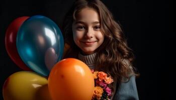 piccolo ragazza Tenere ful Palloncino celebra compleanno generato di ai foto