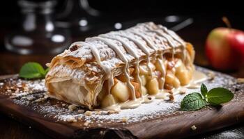 appena al forno Mela strudel su rustico legna piatto generato di ai foto